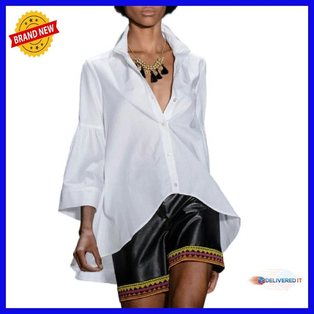 3/4 Flare Sleeve Cotton Button Down Blouse High Low Hem V Neck